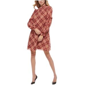 NWT Tommy Hilfiger's Ruffled Plaid Shift Red Dress Long Sleeve. Size 6